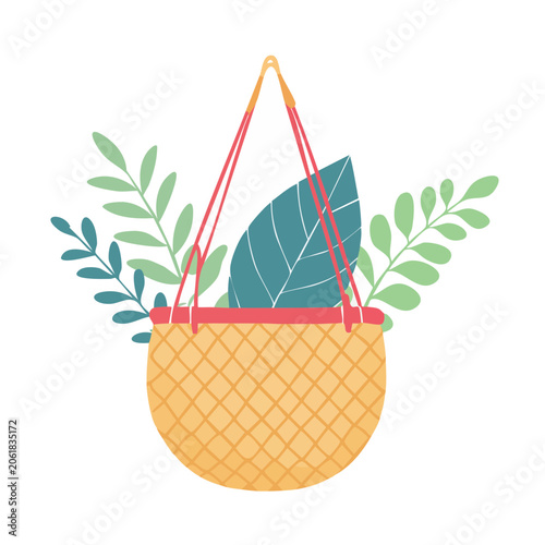 Hanging woven basket with green leaves illustration