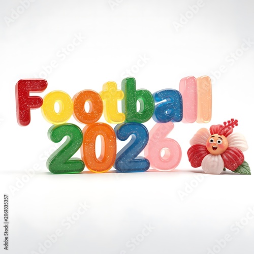 Glittery colorful letters spelling football 2026 with a flower character