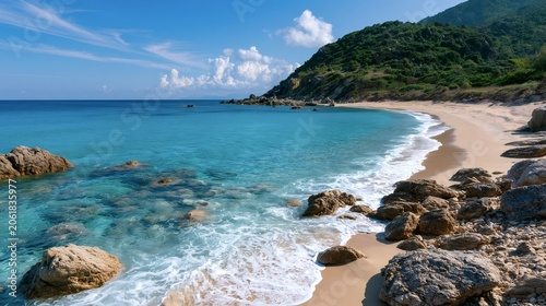 Pristine tropical beach with soft white sand and turquoise water lapping scattered rocks, backed by lush green hills under a sunny blue sky  serene, unspoiled coastal escape