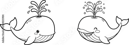 Foto Whale illustrations blowing water with smiling faces
