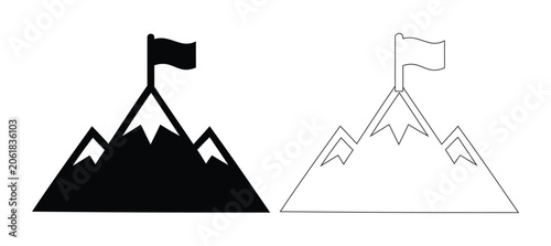 Foto Black Silhouette of mountain peak with flag and outline graphic for business su