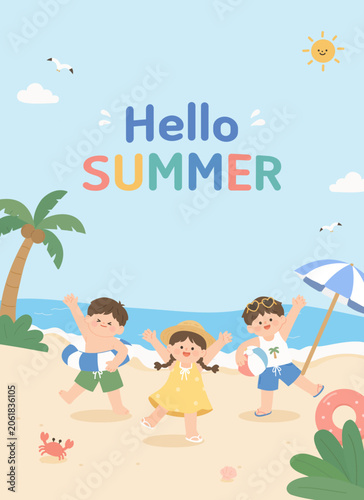 Hello Summer Beach Kids Poster Illustration