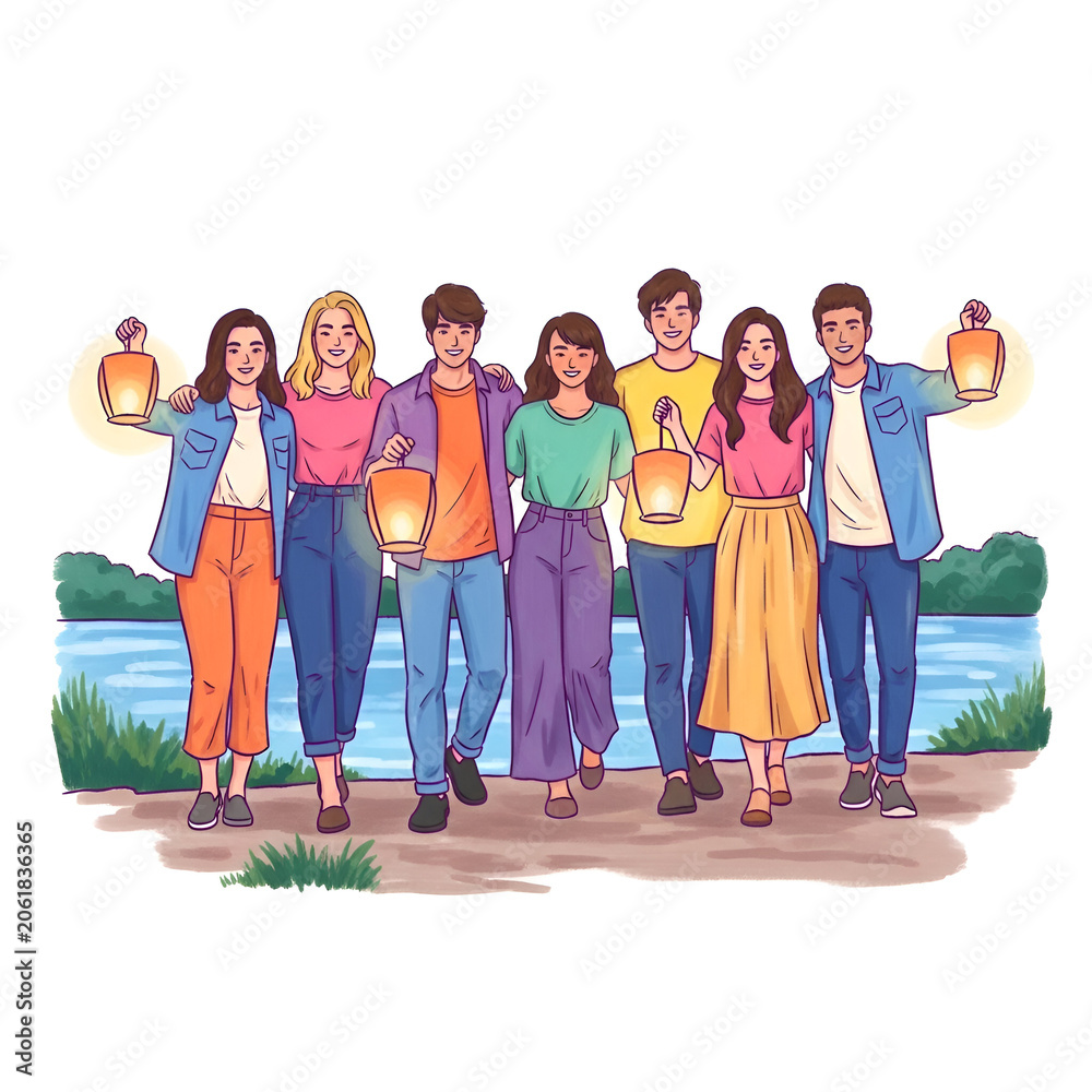 Obraz premium Young friends walking with glowing lanterns by the river at night