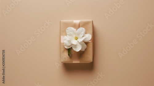 Gift wrapped box with a flower on top sitting on a simple background