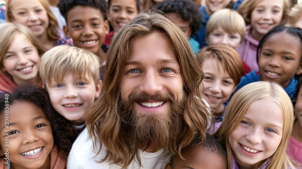 Fototapeta premium Jesus christ joyfully smiling and looking at camera, surrounded by a diverse group of happy children, symbolizing faith, peace, and spiritual guidance for youth