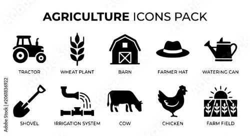 Professional black vector illustration set featuring various agriculture icons representing farming equipment animals and crops for modern graphic design projects