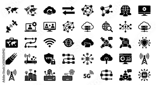 A diverse collection of black vector graphic icons representing modern internet technology global communication network systems and digital connectivity concepts