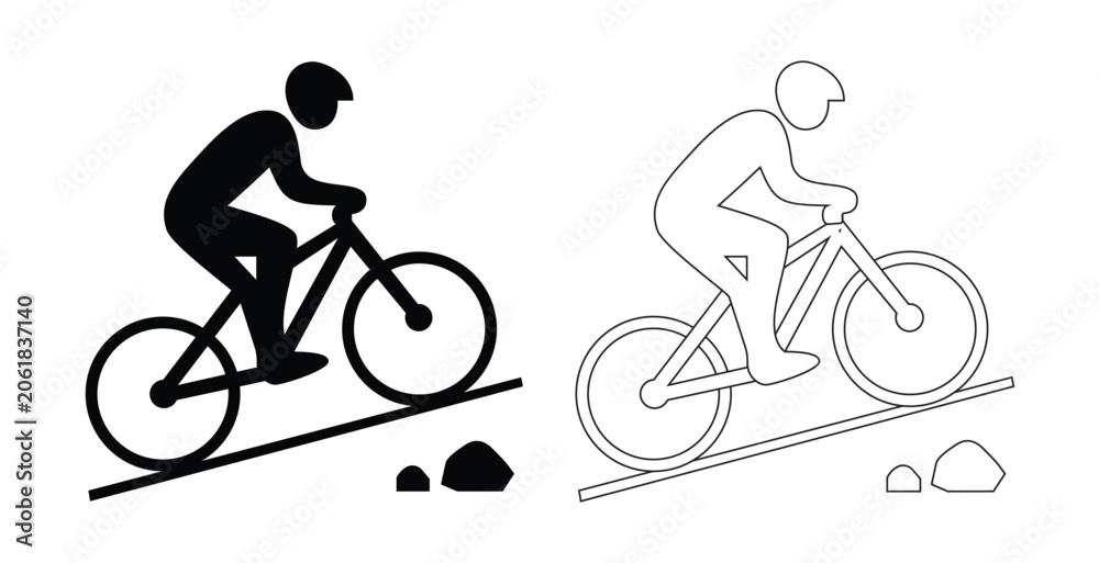 Obraz premium Black Silhouette of mountain biker riding uphill on rugged terrain graphic for adventure and sports activity