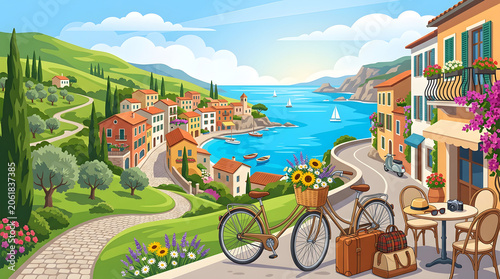 Picturesque Coastal Village Vector Banner with Sea, Boats, and Outdoor Cafe Table