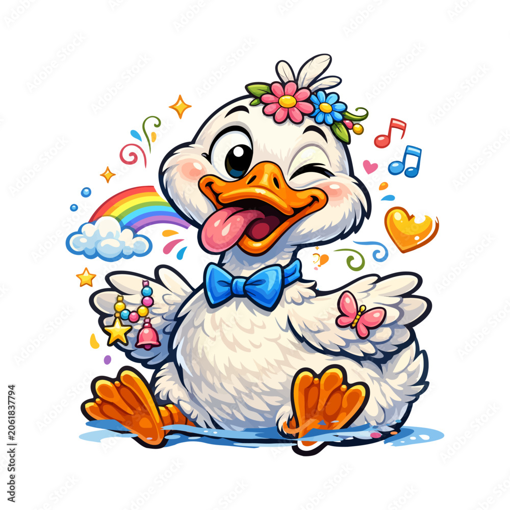 Fototapeta premium Happy cute duck winking with rainbow and music notes character butterfly colorful whimsical cheerful illustration youthful imagination expression