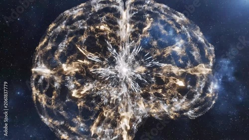 Abstract glowing brain made of particles in dark space