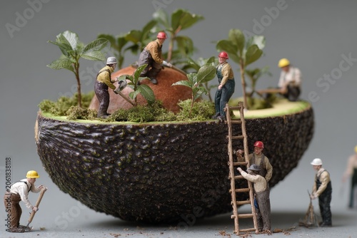 Miniature workers gardening and planting small green trees inside avocado