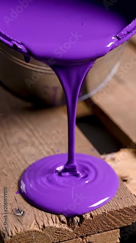 Purple liquid droplets pouring from a container onto wood