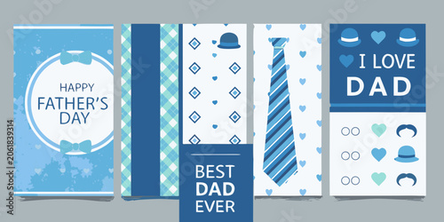 Bild auf Leinwand Floral ornament and geometric pattern collection blue themed father s day cards