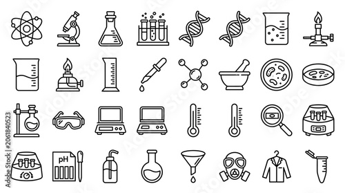 Science icons illustrate laboratory equipment and research tools in a detailed illustration.
