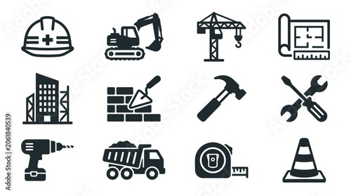 Construction workers use various tools and machinery on a building site with a crane and truck.
