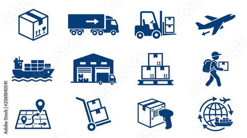 Logistics icons depict global shipping operations with trucks, planes, and ships transporting packages.