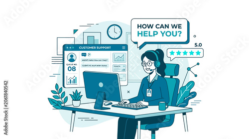Customer support representative assisting client with computer and headset in office environment with plants.
