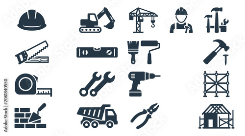 Construction workers use various tools and equipment on a building site with scaffolding and a crane.