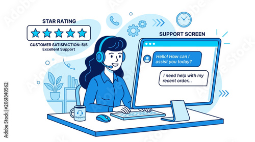 Customer support representative provides excellent service on computer with headset on.