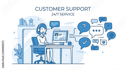 Customer support representative working at a desk with a computer and headset providing 24/7 service