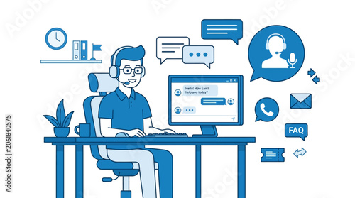 Customer support representative working at a desk with computer and headset.