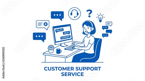 Customer support service representative working at desk with computer and headset