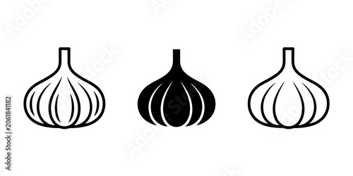 Three stylized icons of garlic bulbs, simple and modern design.