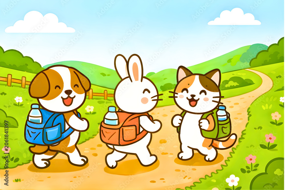 Naklejka premium Cute animal characters with backpacks hiking on a countryside path, cartoon illustration
