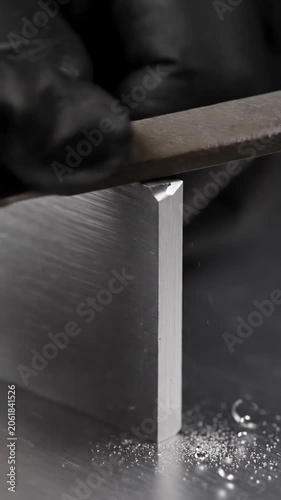 Close up of metal corner joint with brushed texture detail