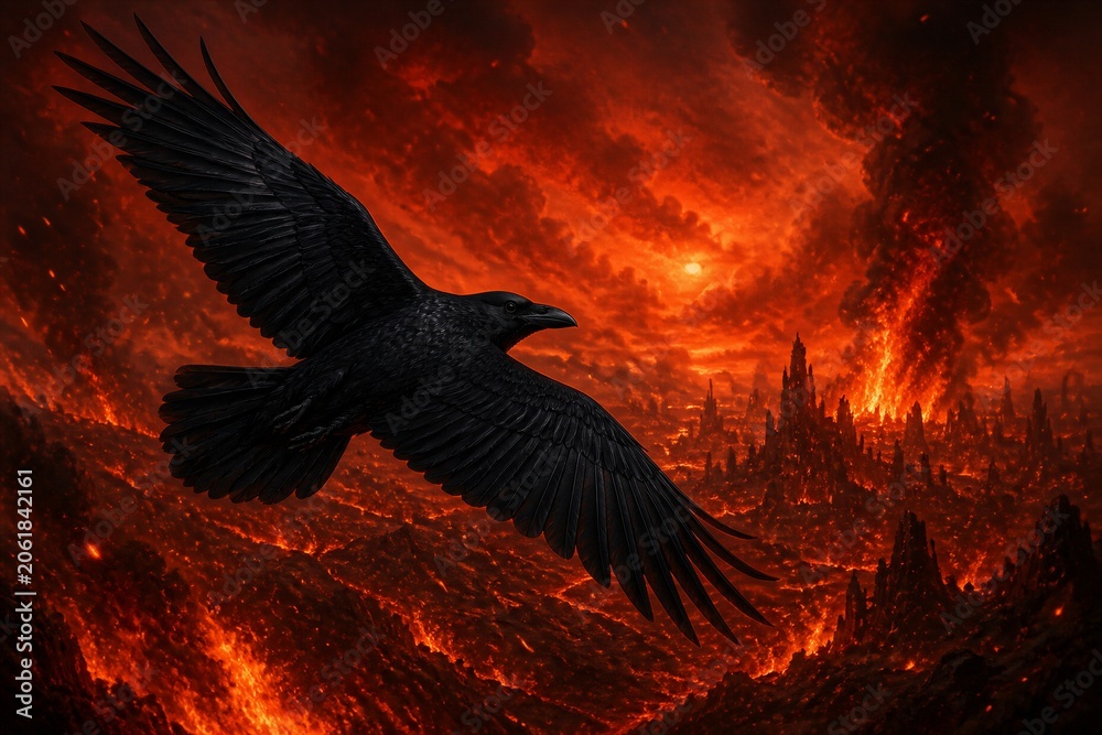Obraz premium Raven flying over fiery volcanic landscape at dusk