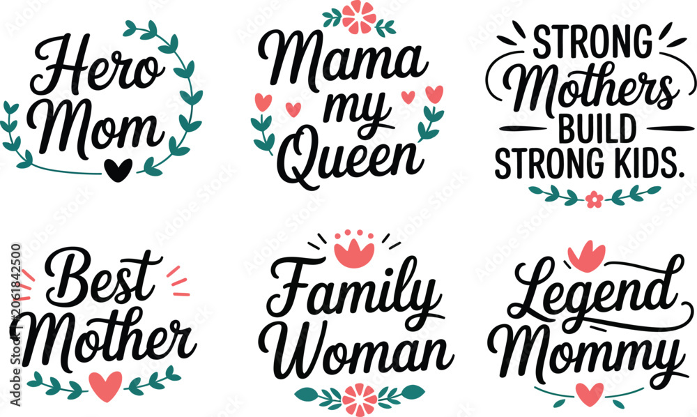 Fototapeta premium Mother's Day lettering quotes collection, set of 6 floral typography labels for mama, feminine script designs for t-shirts and greeting cards isolated PNG with Transparent Background