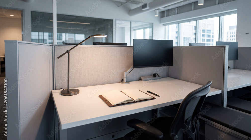 Fototapeta premium Ultra clean modern office cubicle space featuring empty leather notebook with a sleek pen setup