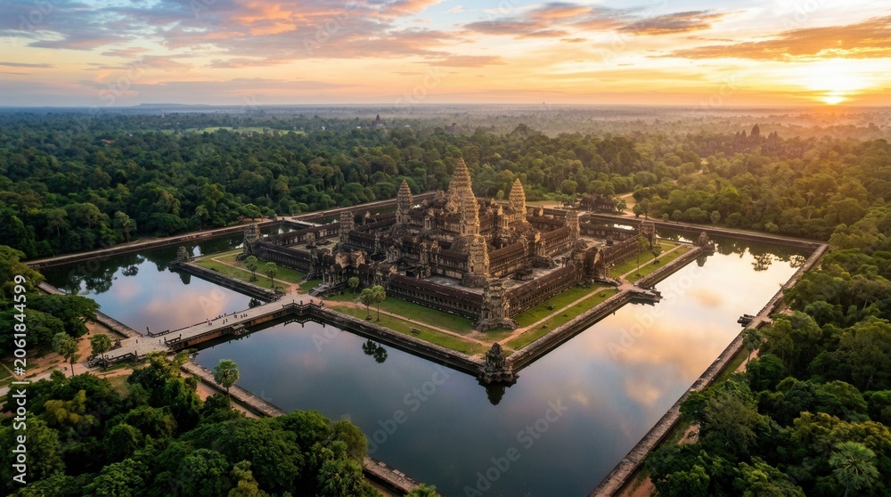 Naklejka premium Angkor Wat Temple Complex Sunrise Aerial View Cambodia.