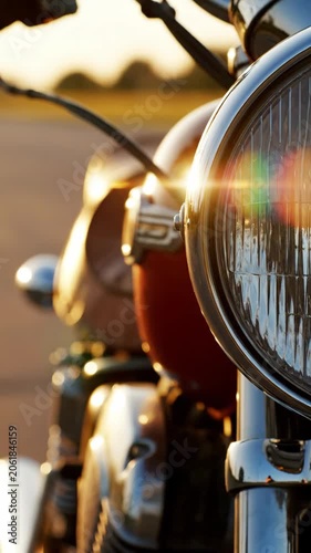Close up of chrome motorcycle headlight on road at sunset