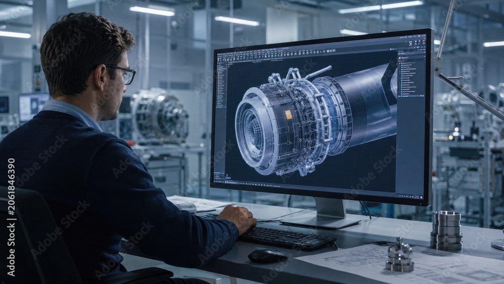 Obraz premium Engineer at a workstation creating a detailed 3D CAD model of a jet engine turbine component in a modern industrial design lab