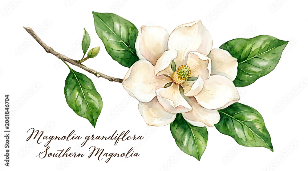 Naklejka premium white magnolia flower branch with green leaves