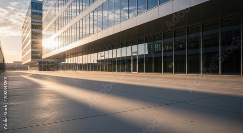 Modern office building glass facade at golden sunset.