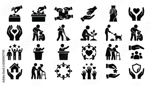 Set of charity and volunteering icons, vector illustration