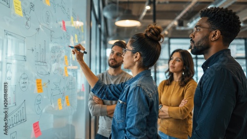 Diverse team collaborating around a glass whiteboard with sticky notes, diagrams and charts during a focused brainstorming and planning session in a modern office