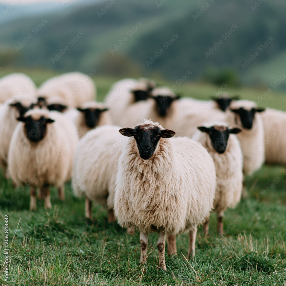 Naklejka premium Sheep standing alert in grassy hillside pasture during overcast day