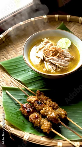 Spicy soup with shredded chicken and lime in bowl
