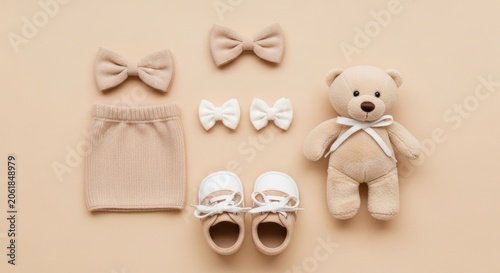 Neutral baby clothing set with teddy bear toy