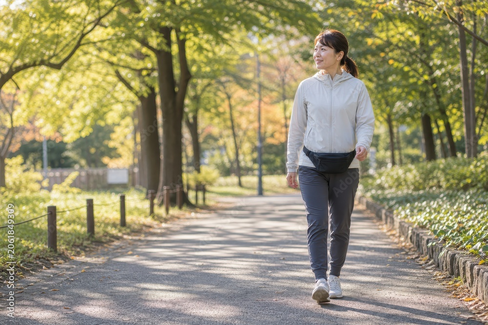 Obraz premium 公園の木陰を歩く女性のウォーキング