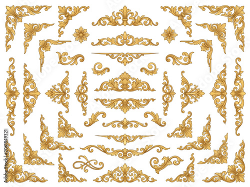 Tableau sur toile Set of Golden Ornamental Baroque Decorative Elements for CAD Architectural Detai