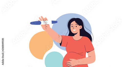 Happy pregnant woman in an orange shirt smiles while holding up a positive pregnancy test showing two distinct red lines.