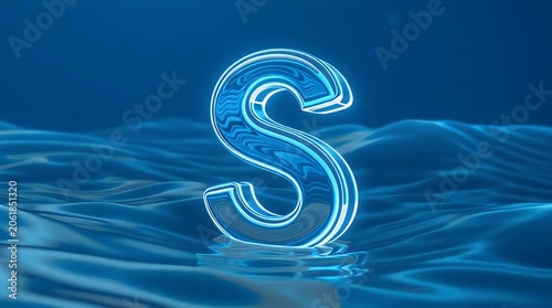 Glowing translucent letter S floats on a stylized wavy water surface