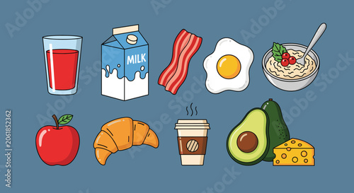 Healthy breakfast food collection including eggs bacon milk avocado coffee and fruit for nutrition and morning meal themes.