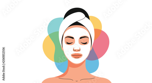 Bild auf Leinwand Beautiful woman with a white clay face mask and a towel on her head representing skincare beauty treatments and spa care