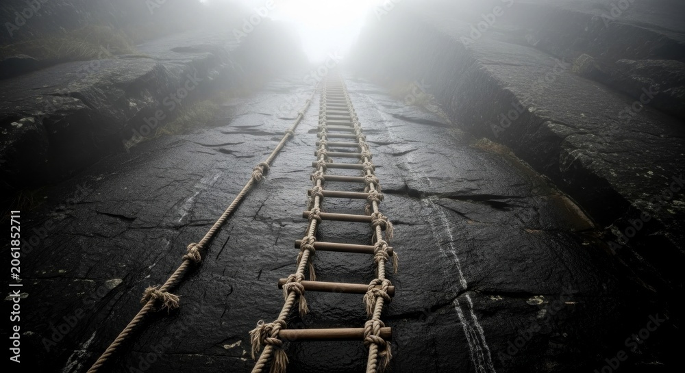 Obraz premium Rope ladder ascending misty rocky mountain path.